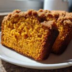 Two slices of vibrant orange, moist pumpkin bread featuring a sugary crumb topping, served on a white plate.