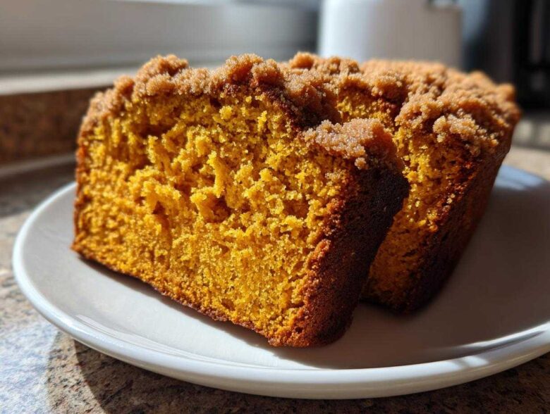 Two slices of vibrant orange, moist pumpkin bread featuring a sugary crumb topping, served on a white plate.