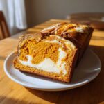 A thick slice of moist pumpkin cream cheese bread showing the bright orange pumpkin swirl and creamy white center.