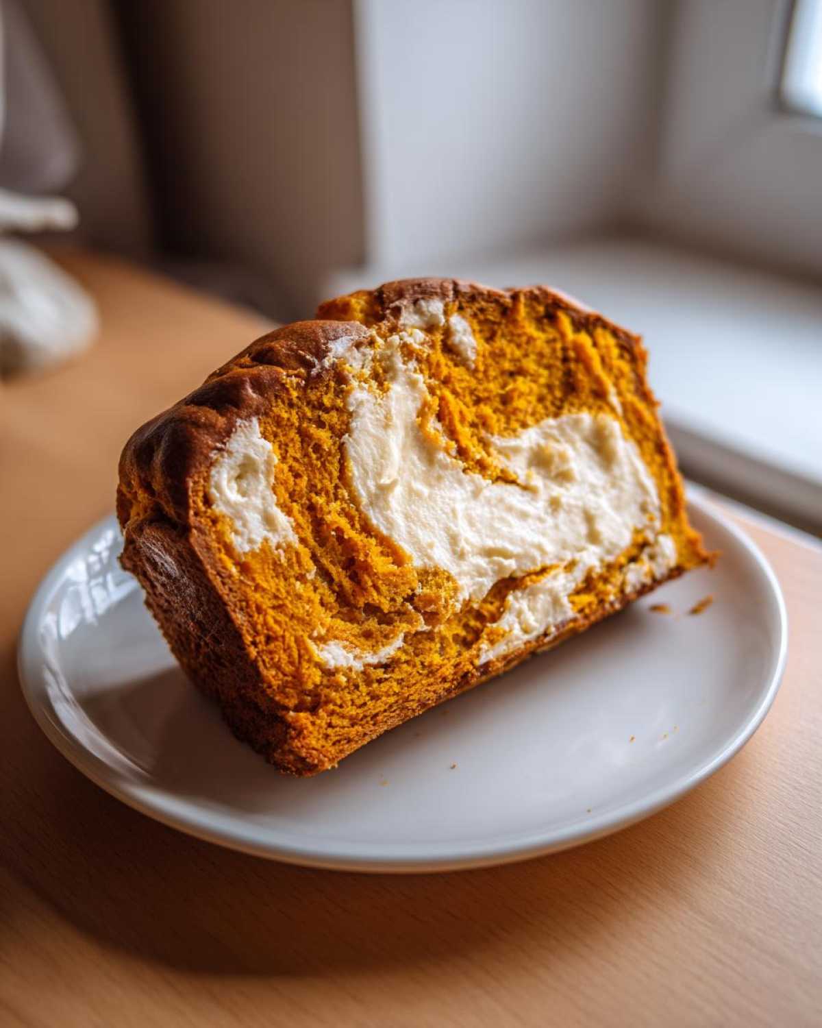 A thick slice of moist pumpkin cream cheese bread showing the vibrant orange cake swirled with a rich cream cheese filling.