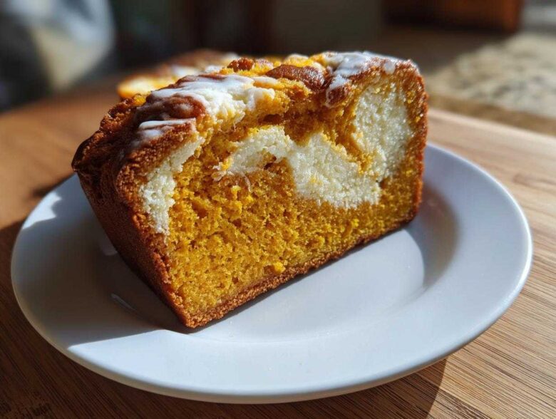 A thick slice of moist pumpkin cream cheese bread, showing the orange pumpkin cake swirled with a white cream cheese center and topped with glaze.