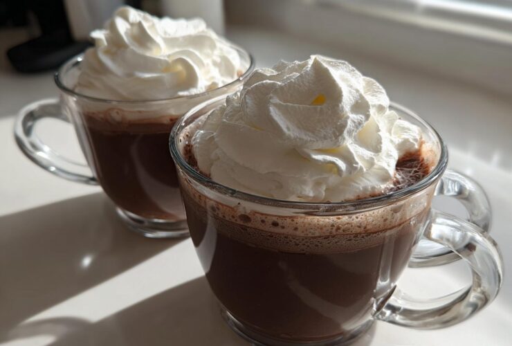 Two clear glass mugs filled with rich, dark whipped hot chocolate, generously topped with fluffy white whipped cream.