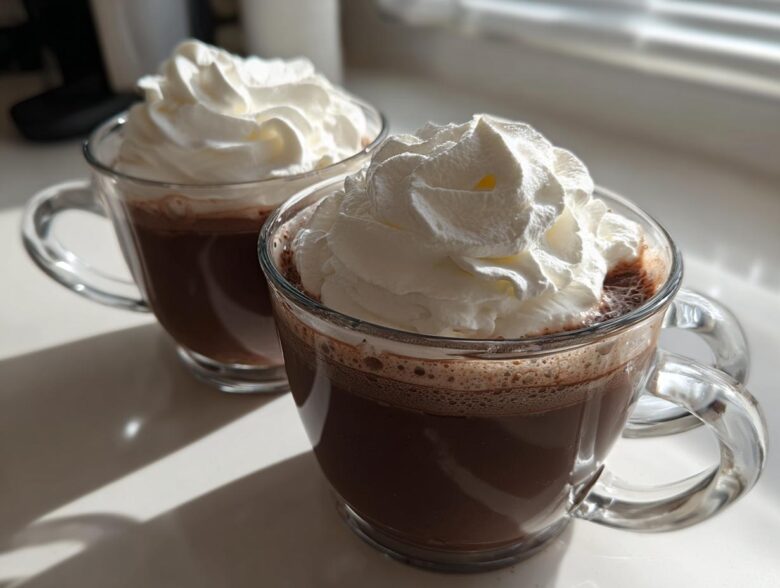 Two clear glass mugs filled with rich, dark whipped hot chocolate, generously topped with fluffy white whipped cream.