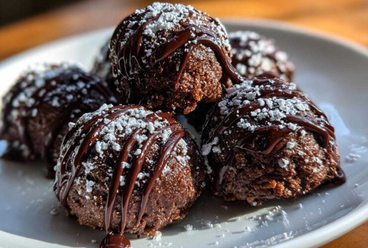 Close-up of several rich, dark pecan pie balls drizzled with chocolate and dusted with powdered sugar.