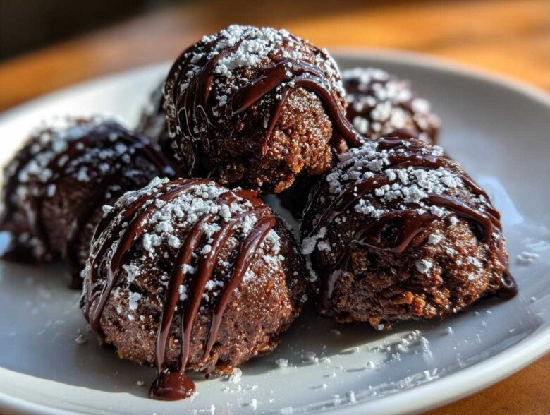 Close-up of several rich, dark pecan pie balls drizzled with chocolate and dusted with powdered sugar.