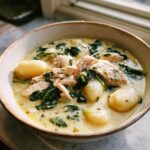 A close-up of a creamy bowl of Olive Garden Chicken Gnocchi Soup with shredded chicken and spinach.