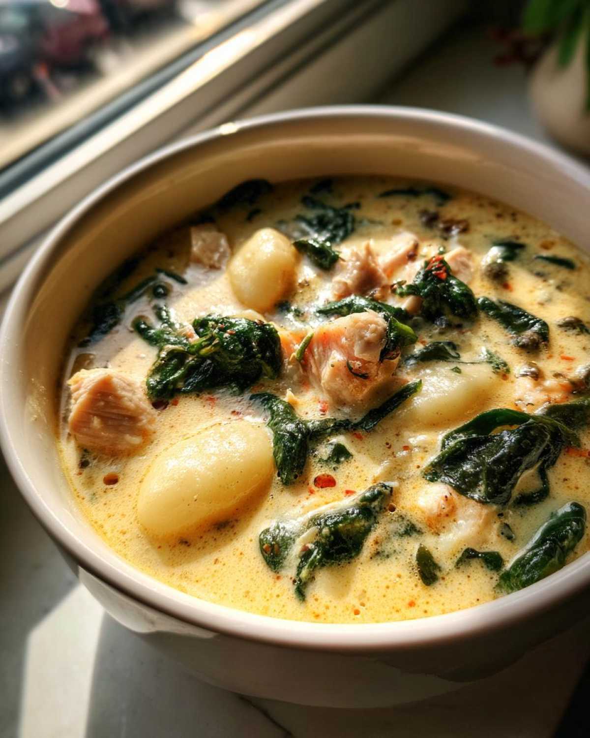 Close-up of a bowl of creamy Olive Garden Chicken Gnocchi Soup featuring gnocchi, chicken, and spinach.