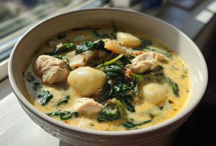 A close-up of a creamy bowl of Olive Garden Chicken Gnocchi Soup featuring tender chicken pieces, soft gnocchi, and wilted spinach.