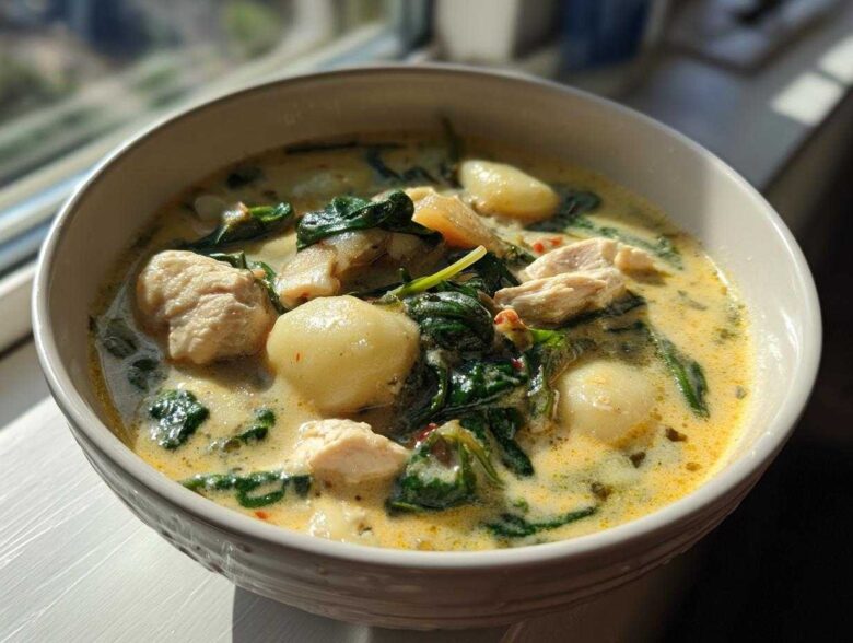 A close-up of a creamy bowl of Olive Garden Chicken Gnocchi Soup featuring tender chicken pieces, soft gnocchi, and wilted spinach.