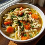 Close-up of a steaming bowl of chicken noodle soup featuring shredded chicken, bright orange carrots, and fresh parsley.