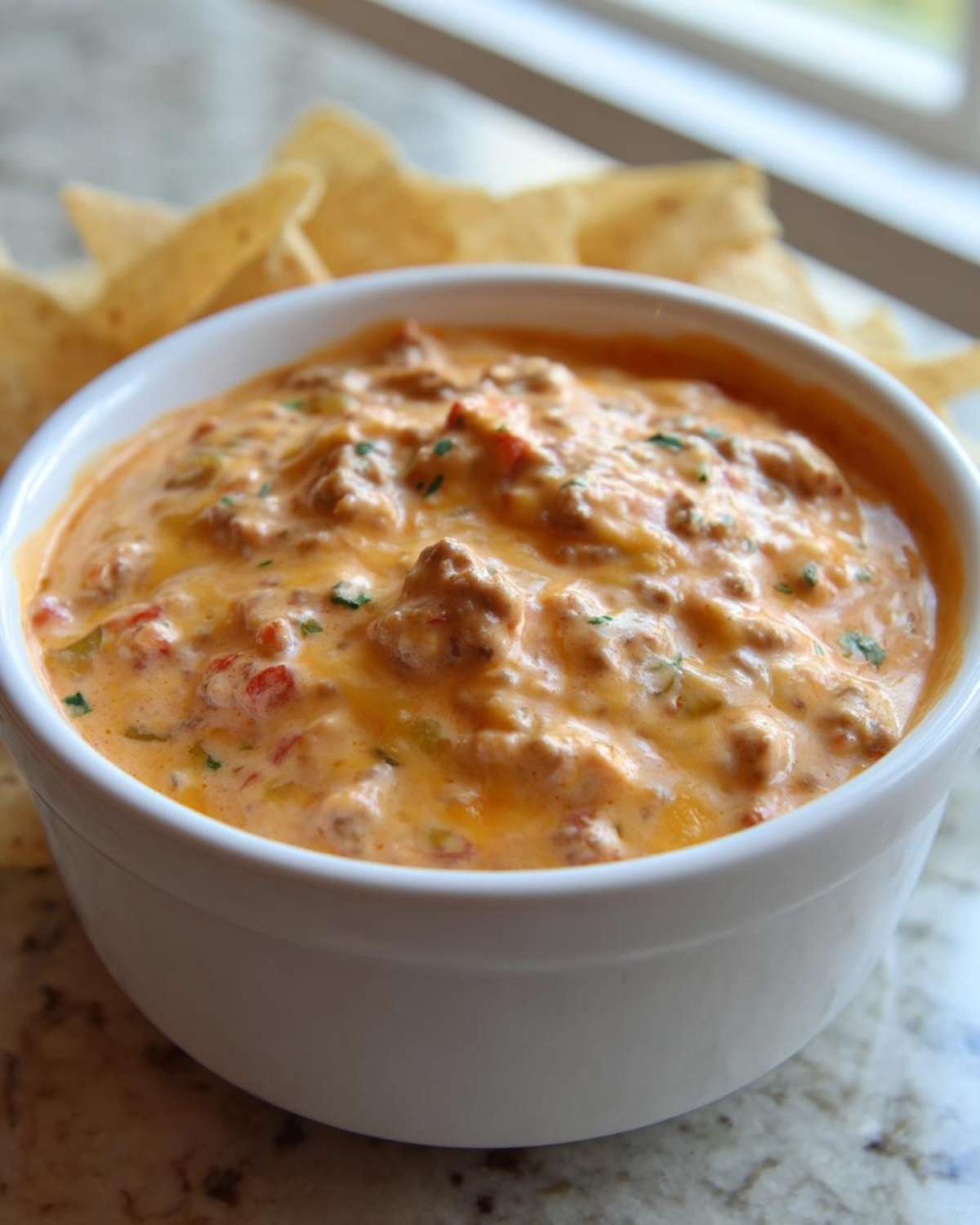 Close-up of a white bowl filled with hot, creamy sausage cheese dip, served alongside tortilla chips.