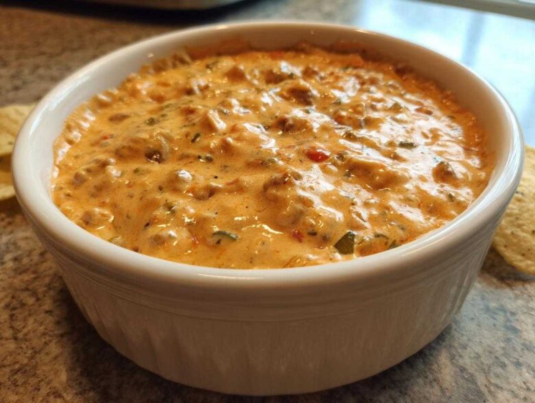 Close-up of a rich, creamy sausage cheese dip served hot in a white bowl with tortilla chips visible.