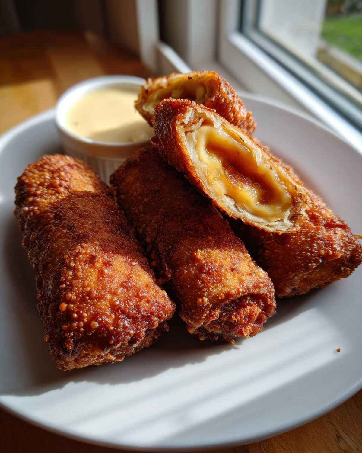 Four golden-brown, crispy peach cobbler egg rolls served on a white plate with a side of cream cheese dipping sauce.