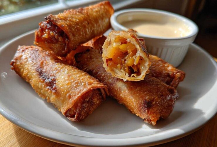A plate of crispy, golden brown peach cobbler egg rolls, one cut open showing the fruit filling, next to a ramekin of cream sauce.