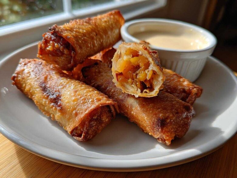 A plate of crispy, golden brown peach cobbler egg rolls, one cut open showing the fruit filling, next to a ramekin of cream sauce.