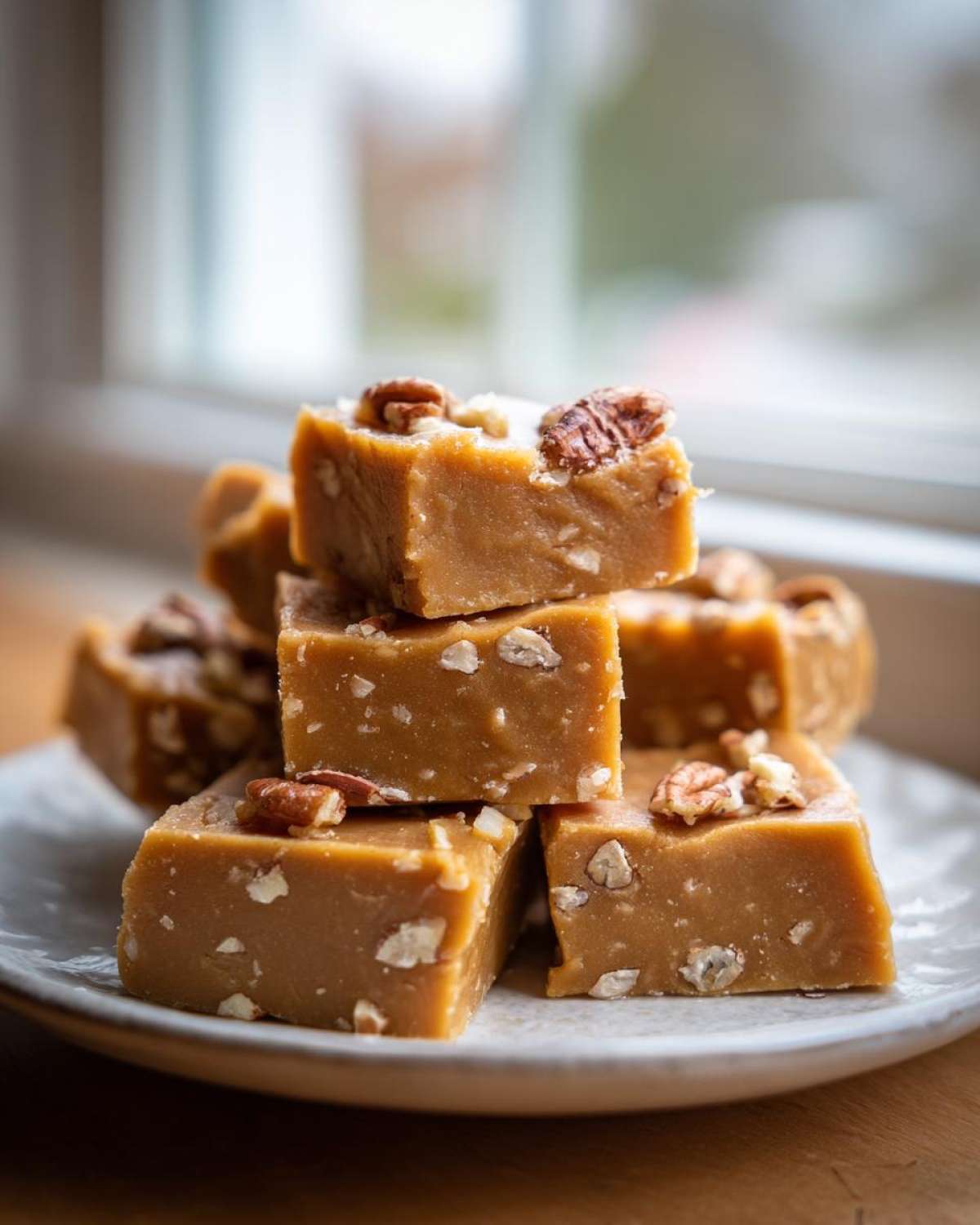 A stack of rich, brown penuche fudge squares topped with pecans, sitting on a small plate.