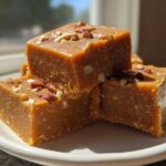 Close-up of stacked, rich brown penuche fudge squares topped with chopped pecans on a white plate.