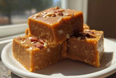 Close-up of stacked, rich brown penuche fudge squares topped with chopped pecans on a white plate.