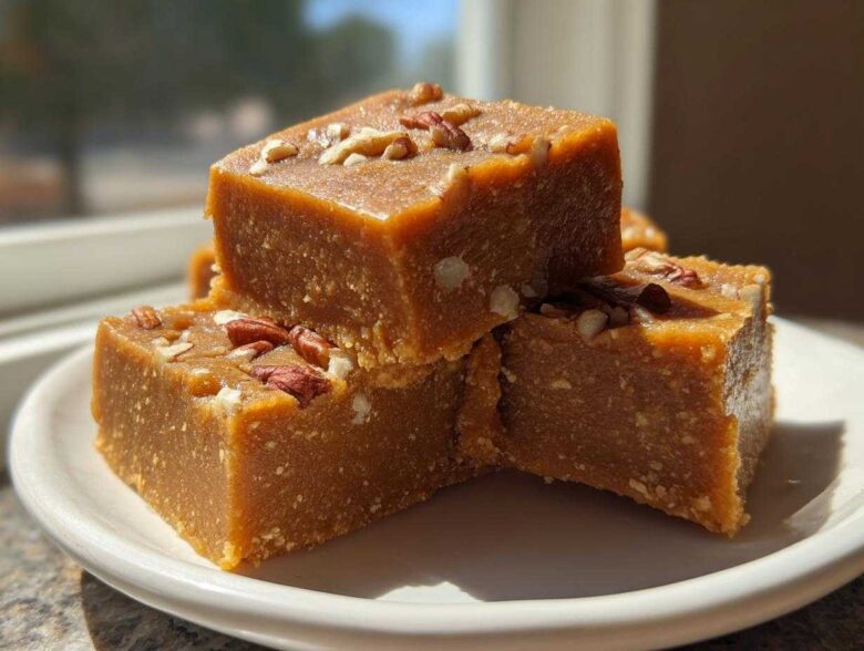 Close-up of stacked, rich brown penuche fudge squares topped with chopped pecans on a white plate.