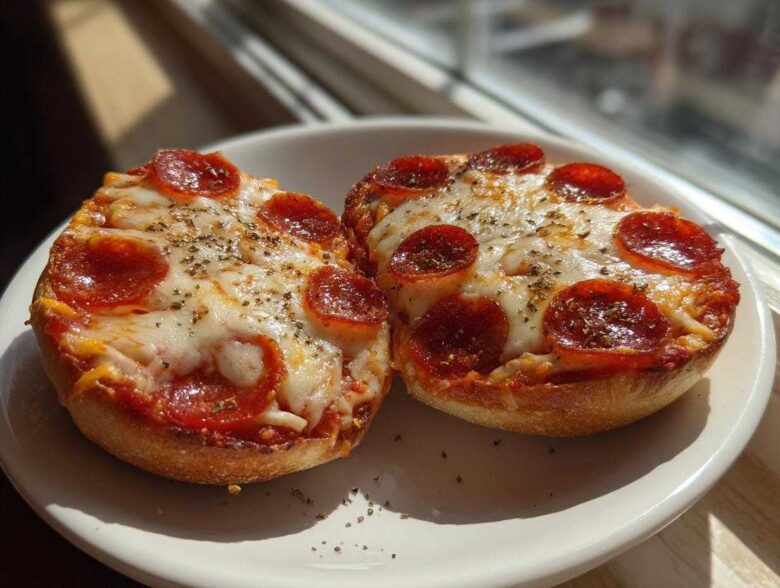 Two freshly baked pepperoni pizza bagels topped with melted cheese and herbs sitting on a white plate.