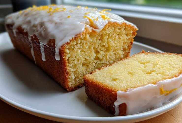 A golden-brown lemon loaf cake, partially sliced, topped with white glaze and lemon zest.