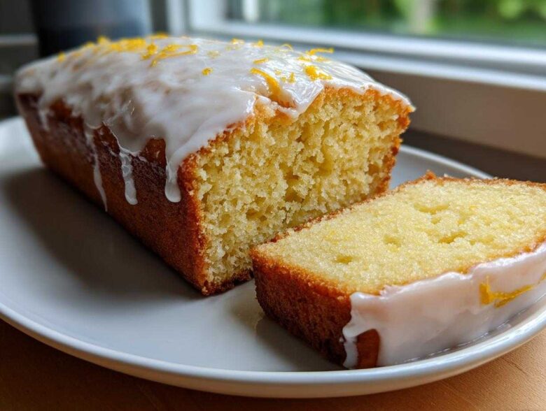 A golden-brown lemon loaf cake, partially sliced, topped with white glaze and lemon zest.