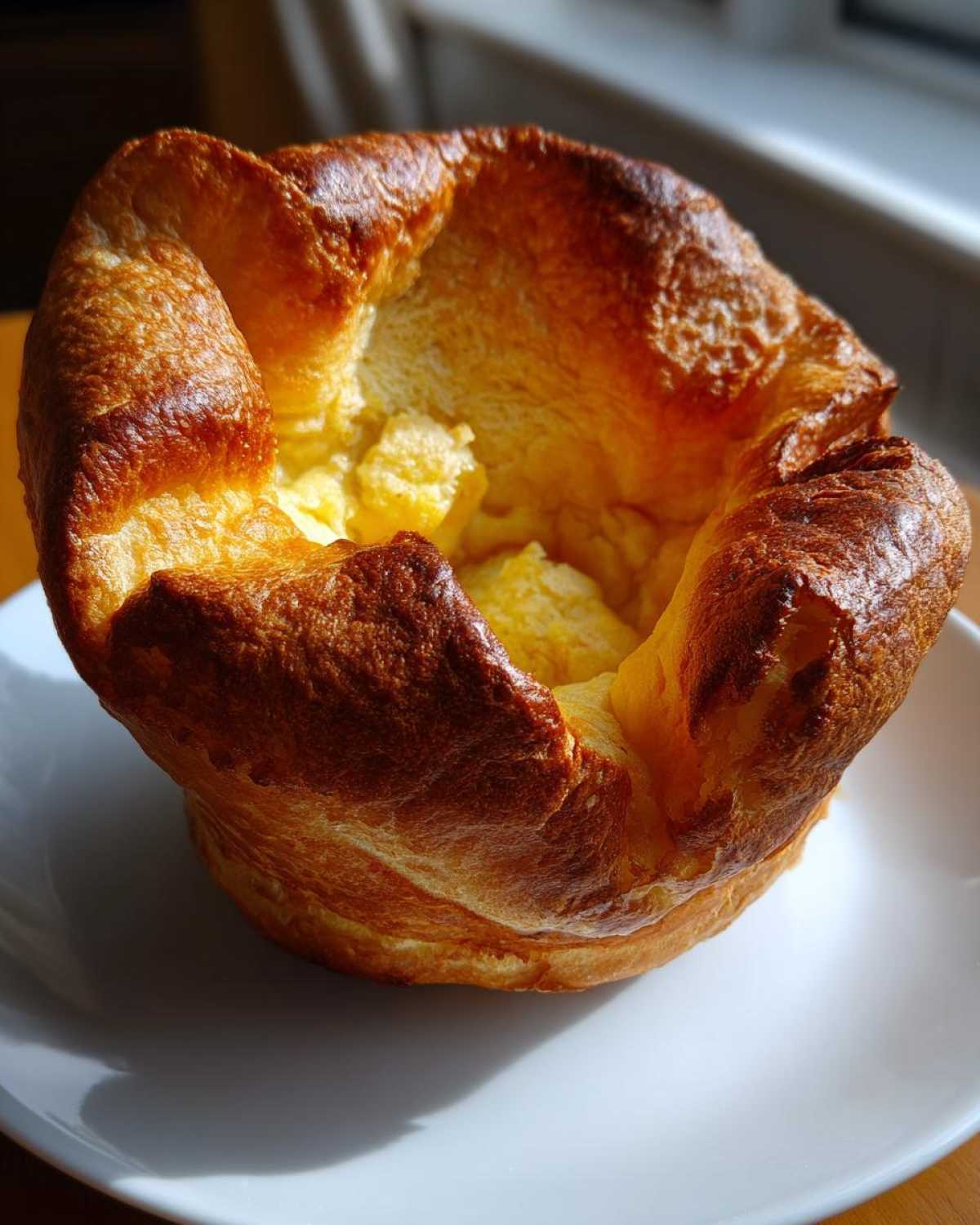 A single, perfectly risen yorkshire pudding with a deep golden-brown, crisp exterior, sitting on a white plate.