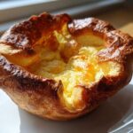 A single, perfectly risen yorkshire pudding with a deep golden-brown, crispy exterior and a soft, eggy center.