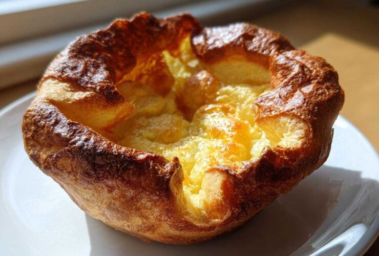 A single, perfectly risen yorkshire pudding with a deep golden-brown, crispy exterior and a soft, eggy center.