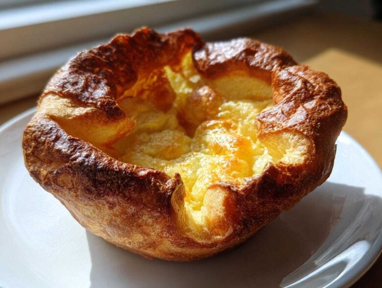A single, perfectly risen yorkshire pudding with a deep golden-brown, crispy exterior and a soft, eggy center.