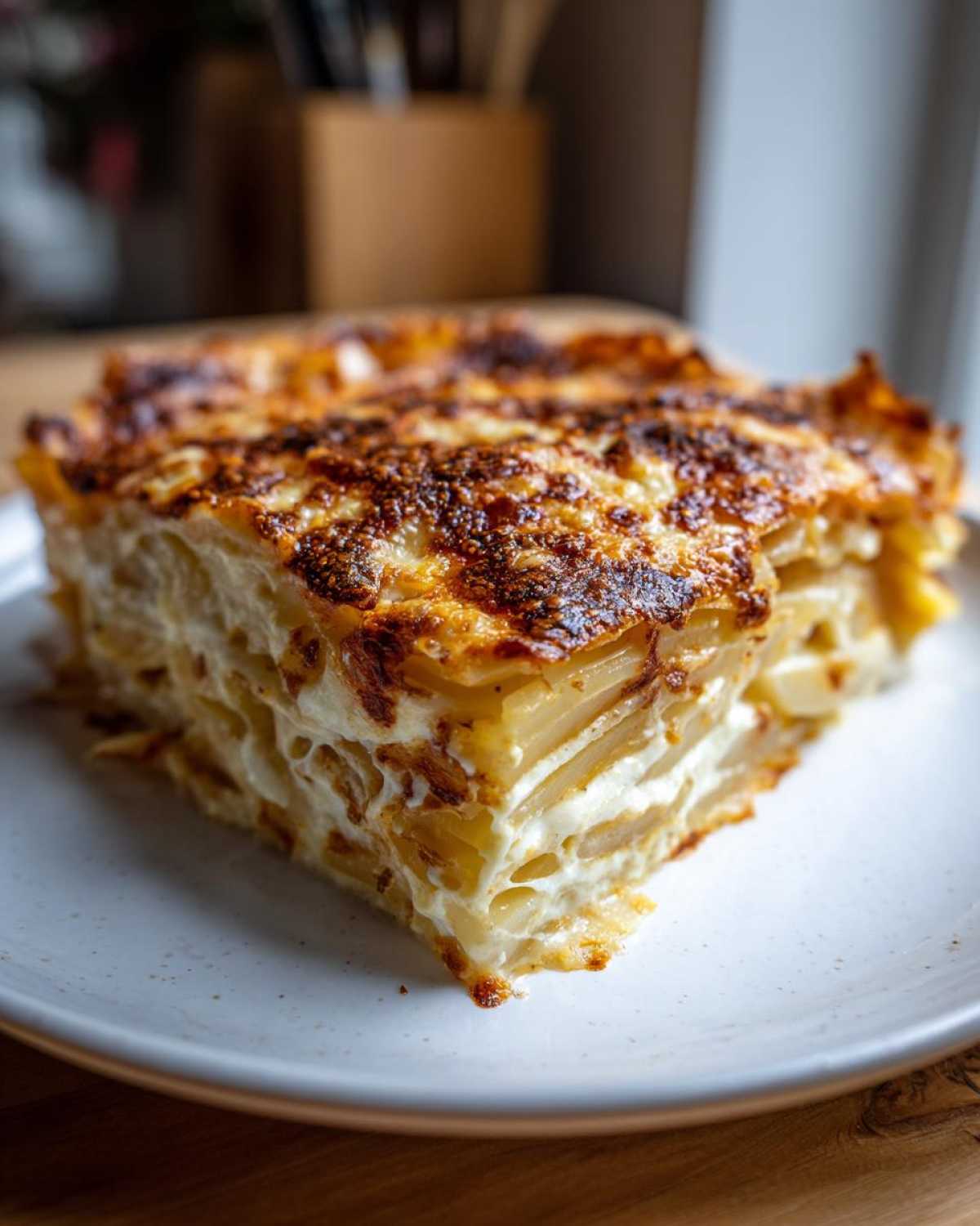 A thick, square slice of creamy potatoes au gratin with beautifully browned, cheesy top layer, served on a white plate.