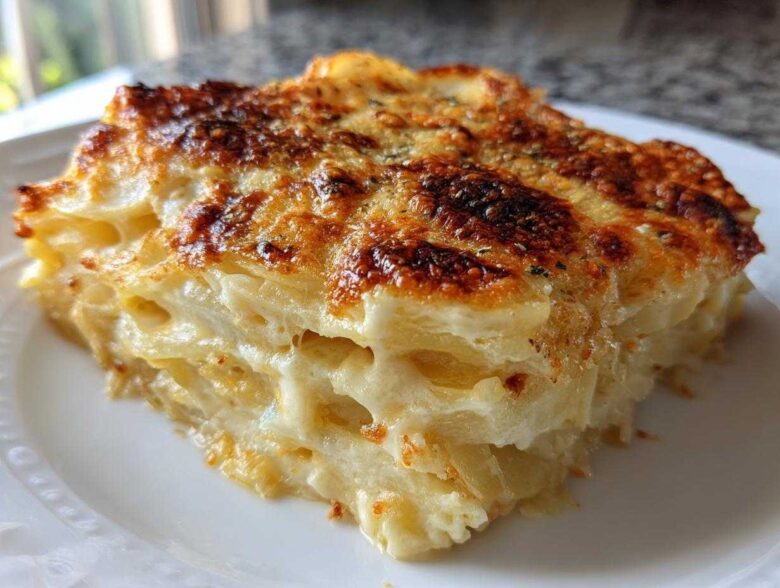 A close-up slice of creamy potatoes au gratin featuring layered potatoes and a deeply browned, cheesy top crust.