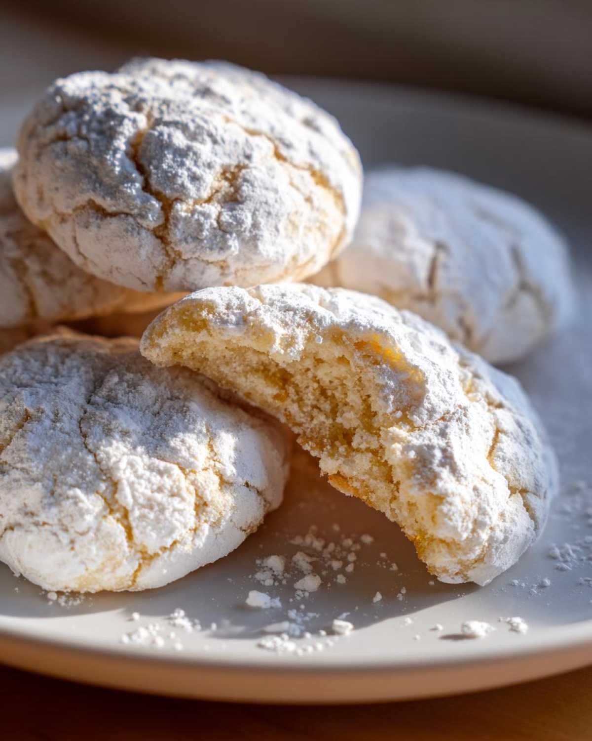 Close-up of soft, cracked powdered sugar cool whip cookies, one broken in half showing the texture.