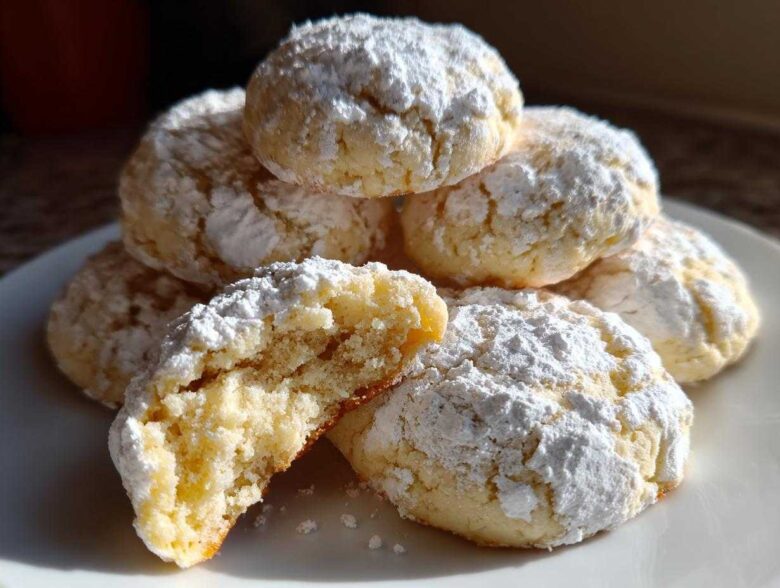A stack of soft, powdered sugar-dusted cool whip cookies, with one cookie broken open showing the texture.