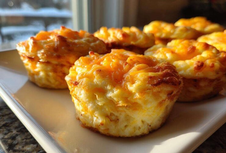 A close-up of several golden, cheesy protein egg bites served on a white rectangular plate near a window.