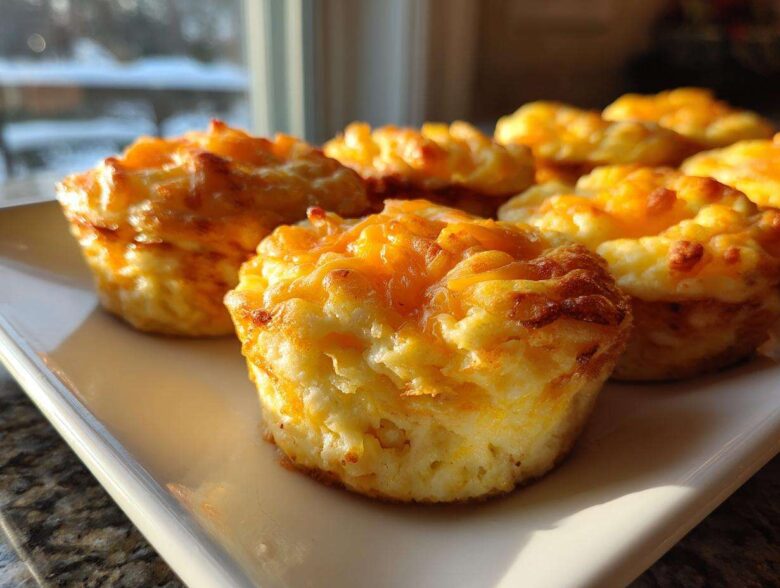 A close-up of several golden, cheesy protein egg bites served on a white rectangular plate near a window.