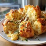 Close-up of golden baked cheese bread pieces pulling apart with long strings of melted cheese.