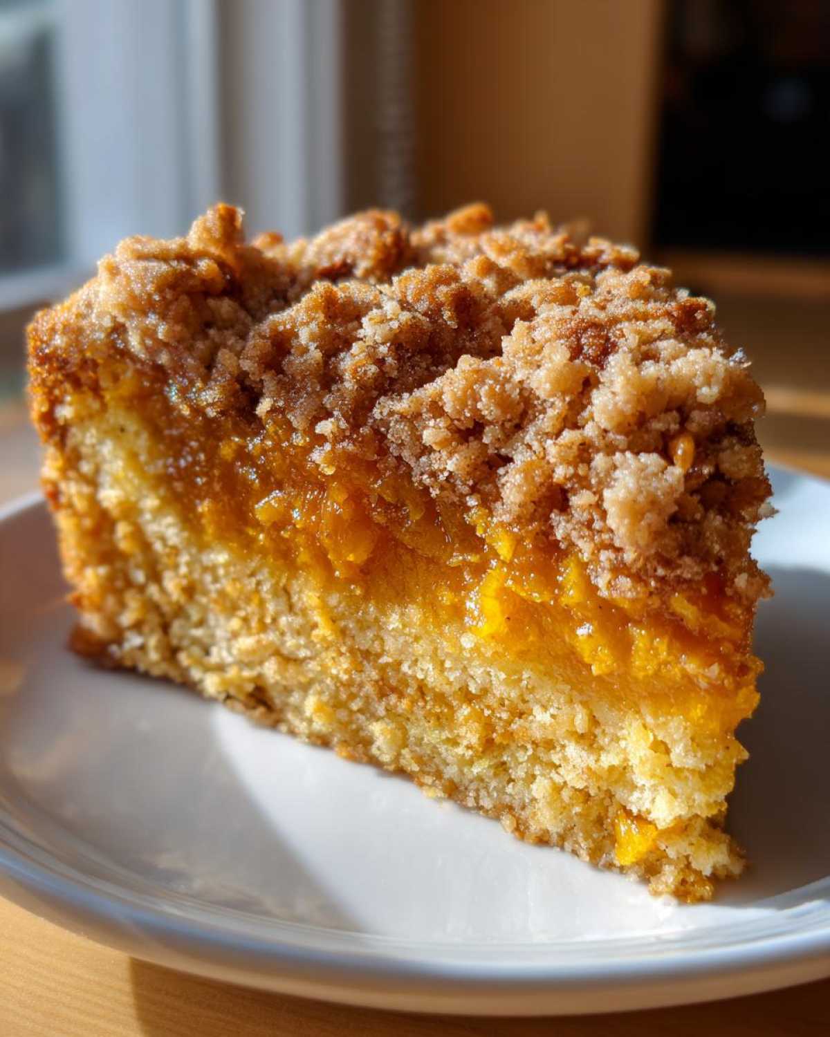A close-up slice of moist pumpkin crunch cake featuring a bright orange pumpkin layer and a thick, sugary crumble topping.