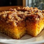 A close-up, sunlit slice of rich, moist pumpkin crunch cake with a thick, sugary streusel topping.