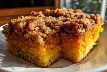 A close-up, sunlit slice of rich, moist pumpkin crunch cake with a thick, sugary streusel topping.