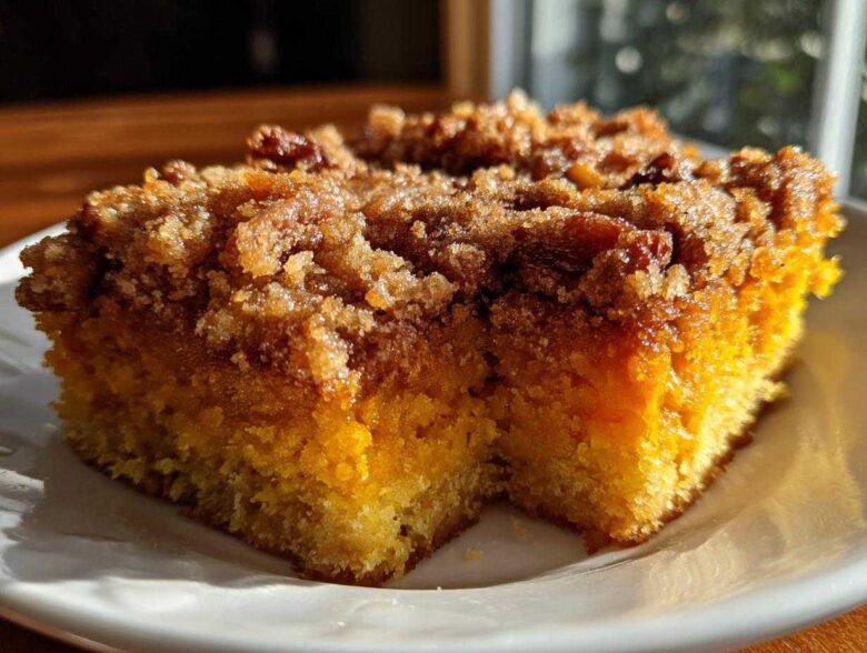 A close-up, sunlit slice of rich, moist pumpkin crunch cake with a thick, sugary streusel topping.