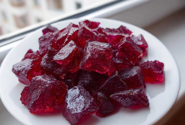 A pile of deep red, crystalline chunks of homemade cinnamon rock candy resting on a white plate.