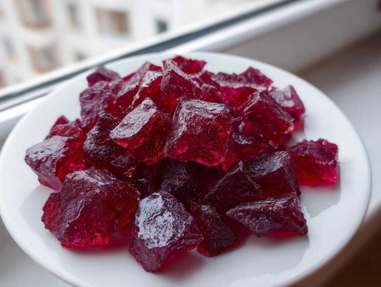A pile of deep red, crystalline chunks of homemade cinnamon rock candy resting on a white plate.