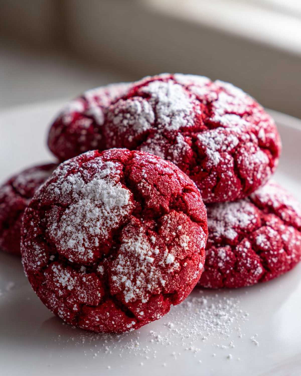 Close-up of several vibrant red velvet cake mix cookies dusted heavily with white powdered sugar.