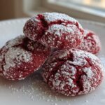Four rich red velvet cake mix cookies dusted heavily with white powdered sugar, stacked on a white plate.