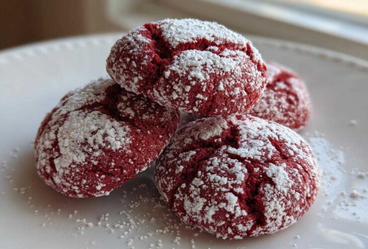 Four rich red velvet cake mix cookies dusted heavily with white powdered sugar, stacked on a white plate.