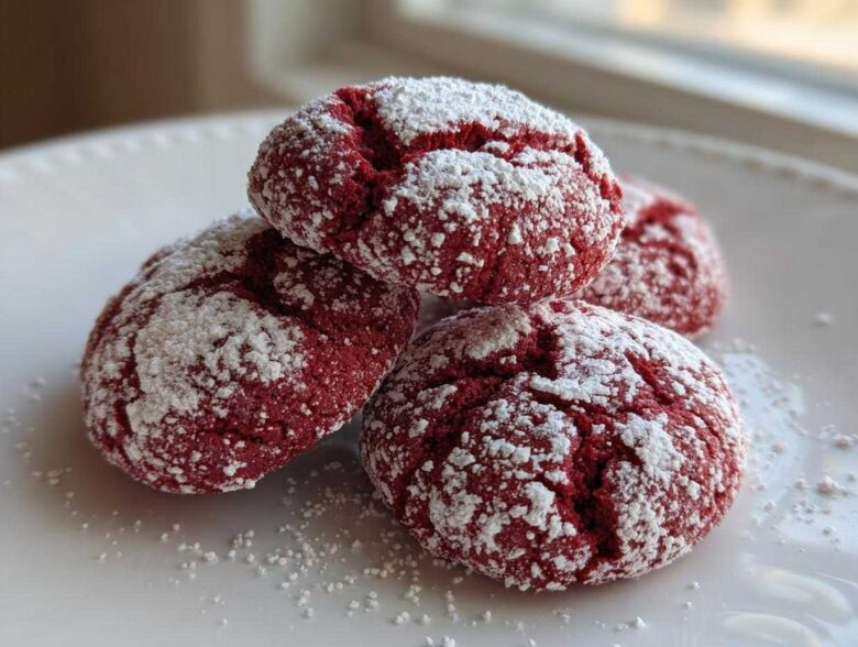 Four rich red velvet cake mix cookies dusted heavily with white powdered sugar, stacked on a white plate.