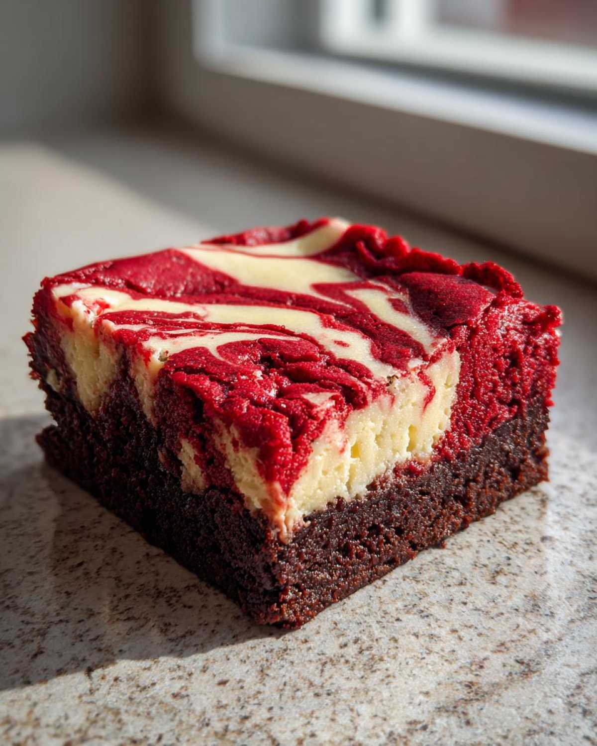 A single square slice of rich red velvet cheesecake brownies with a marbled top.