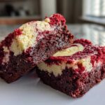 Two rich, moist slices of red velvet cheesecake brownies with a prominent cream cheese swirl, sitting on a white plate.