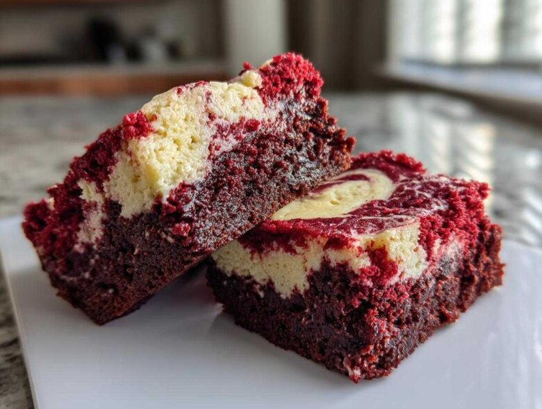Two rich, moist slices of red velvet cheesecake brownies with a prominent cream cheese swirl, sitting on a white plate.